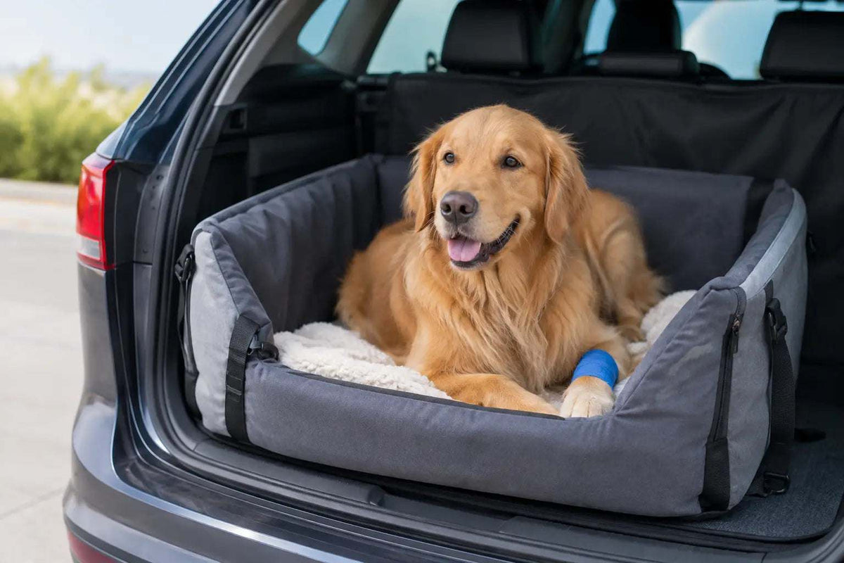 Dog car seat in grey fabric with padded sides, holding a golden retriever and featuring a soft white cushion; Safe Postoperative Dog Transport
