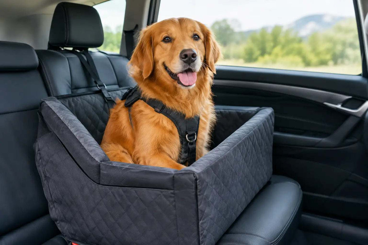 Dog car seat in charcoal quilted fabric with raised padded sides, holding a golden retriever in a black harness; Do Dog Car Seats Work