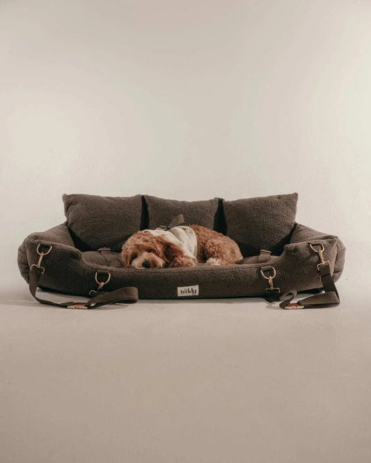By Teddy XL Cosy Dog Car Seat in chocolate vegan sherpa covering full car back seat