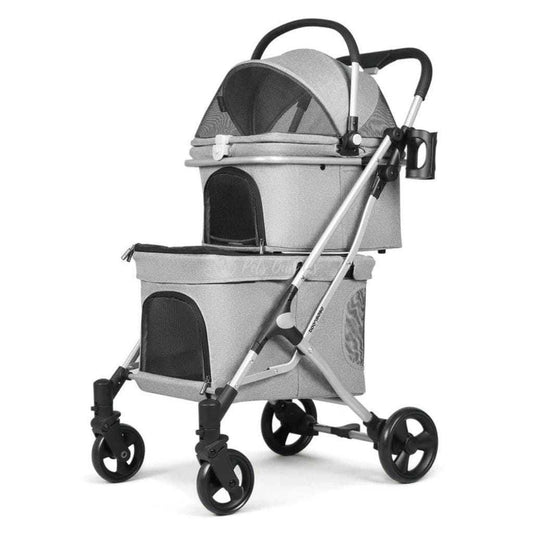 Beberoad T1 double pet stroller in grey with dual compartments for dogs and cats up to 25kg