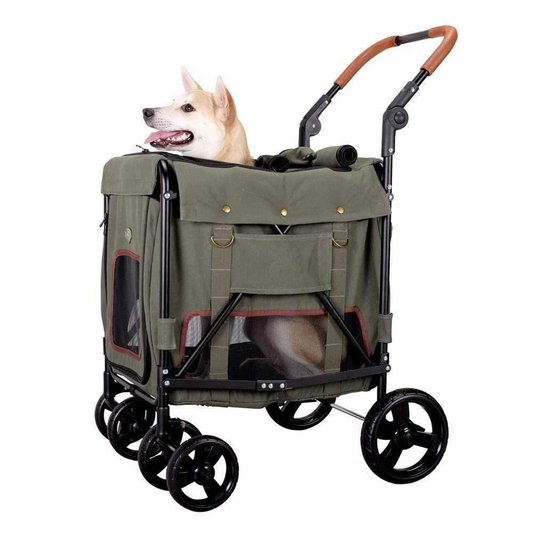 Gentle Giant Pet Wagon in antique green with large dog inside, showing leather handle and mesh windows