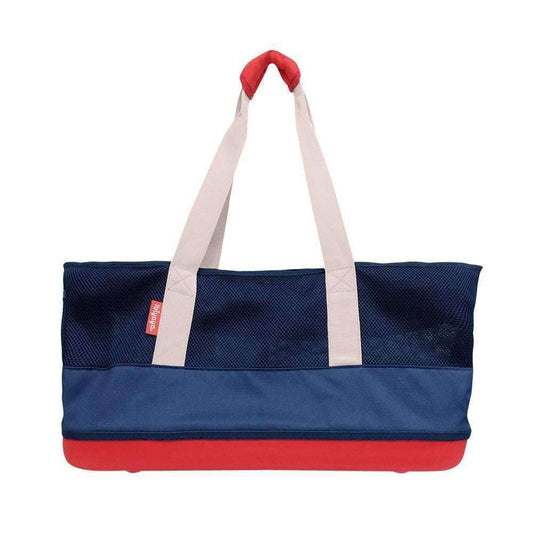 Breathable Dachshund Carrier bag in navy and khaki with mesh ventilation and shoulder strap