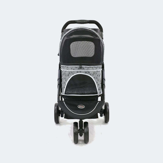 InnoPet Allure lightweight three-wheel dog and cat stroller in Onyx and Cheetah design with safety features and collapsible canopy