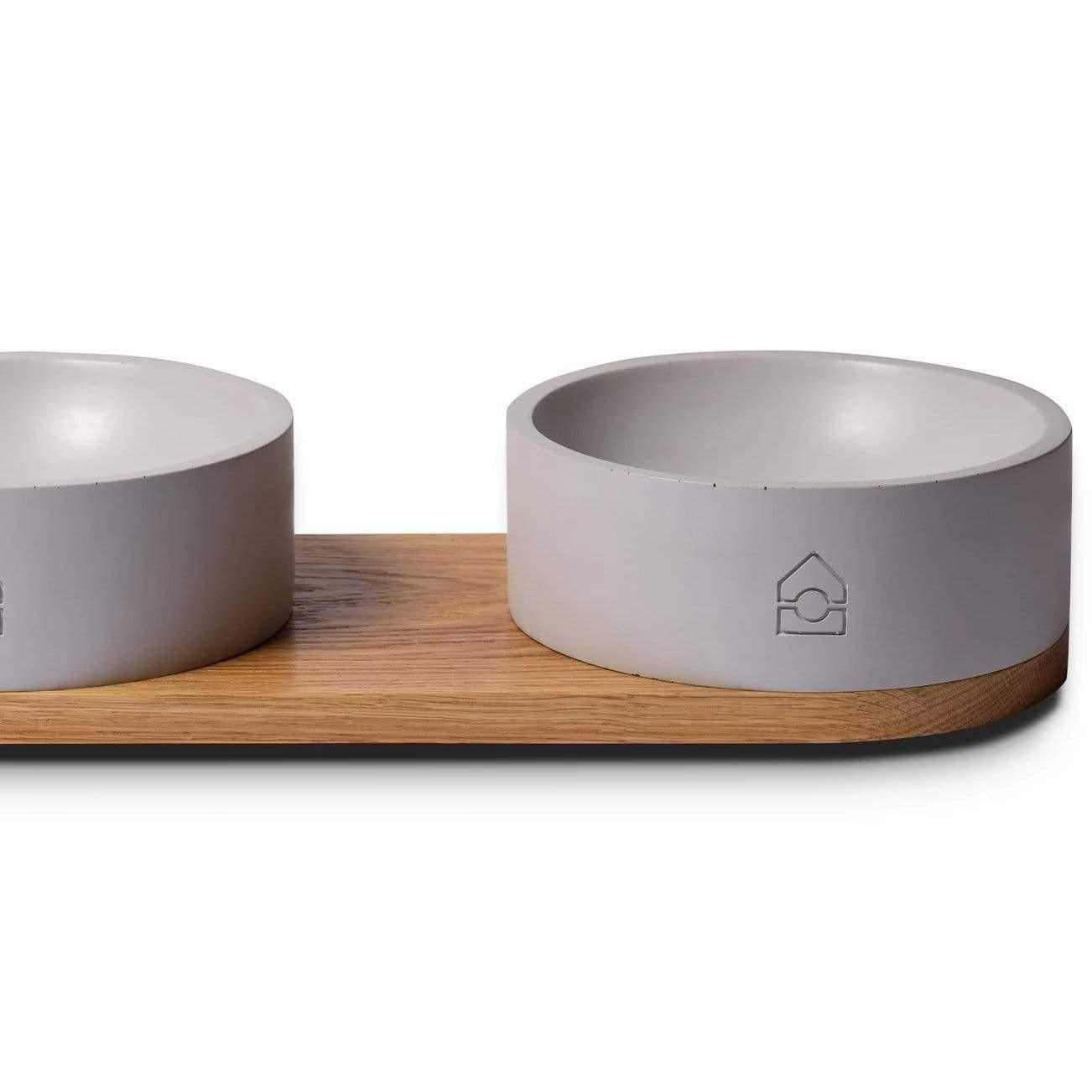 Vuku Double Buffet luxury dog bowls with oak base and concrete bowls
