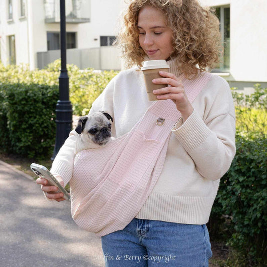 Muffin & Berry Sling Carrier for pets made of breathable cotton with built-in safety leash and outer pocket