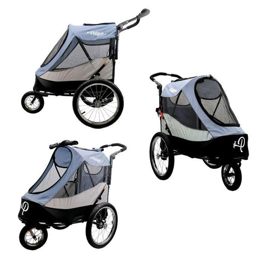 Petique Trailblazer Pet Jogger in black with three wheels, designed for dogs up to 35kg, shown as a pet stroller, bike trailer, and jogger accessory.