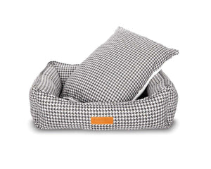 Luxury Tweed Dog Bed in houndstooth pattern with plush orthopaedic support and removable washable cover