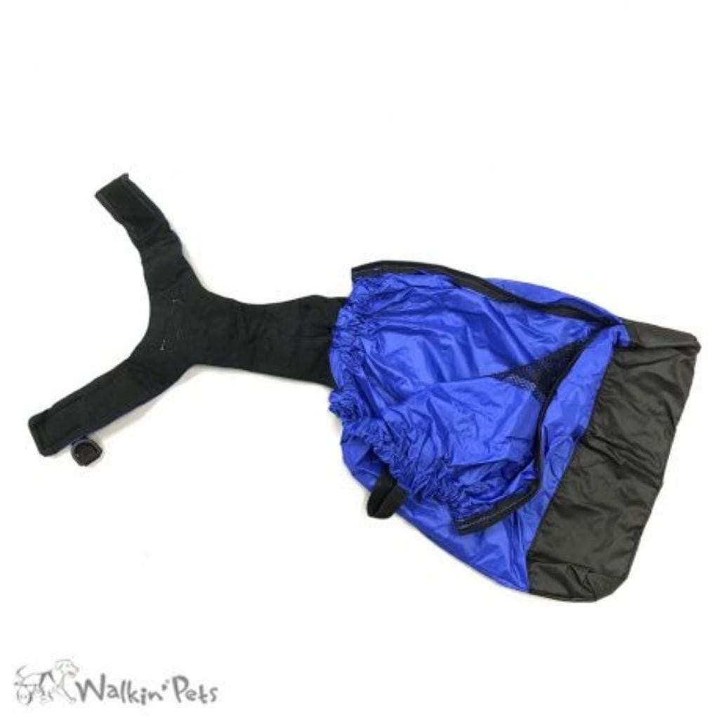 Blue Walkin’ Drag Bag protecting dog's chest and rear legs with mesh ventilation panel.