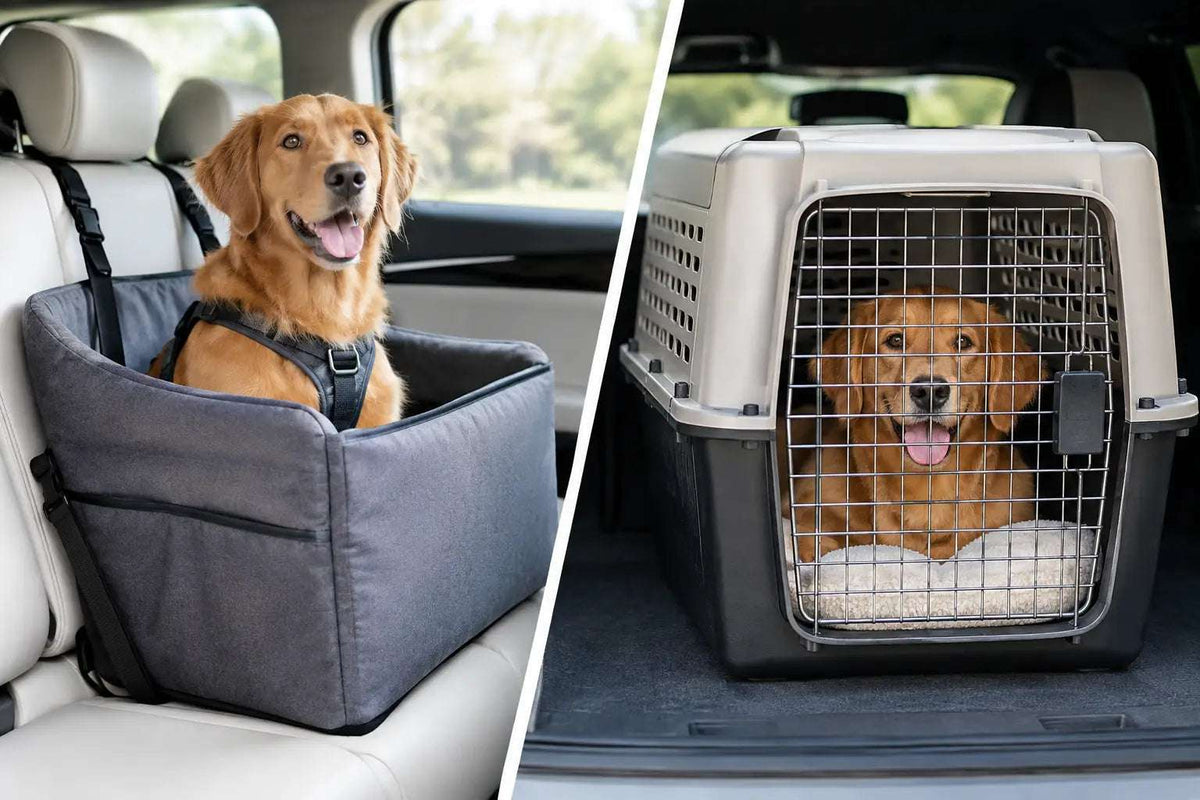 Dog travel setup comparing a grey fabric car seat and a hard plastic crate with metal door, each holding a golden retriever; Car Seat Versus Crate for Dogs