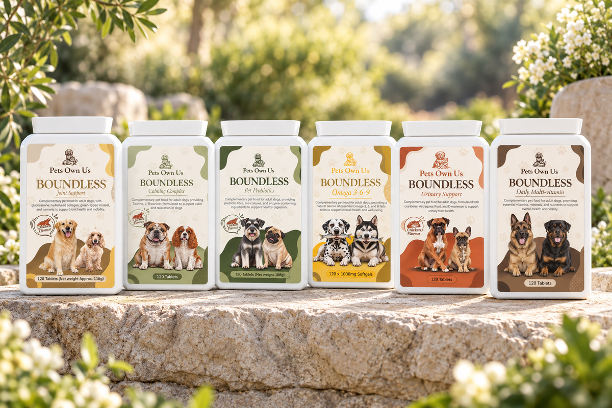 The complete Boundless range of six dog supplements