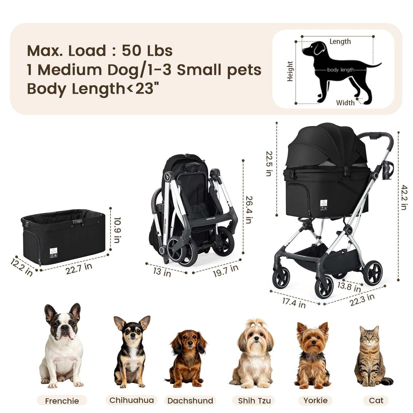 Beberoad T4 Max pet stroller in Black folded for car boot storage