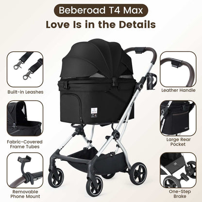 Beberoad T4 Max pet stroller in Black side view with canopy up