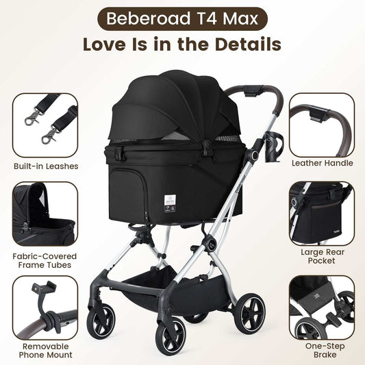 Beberoad T4 Max pet stroller in Black side view with canopy up