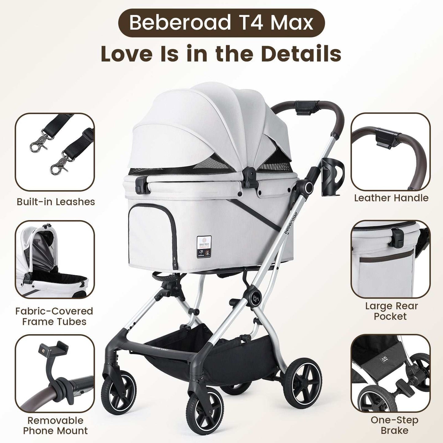 Beberoad T4 Max pet stroller in Grey side view with canopy up