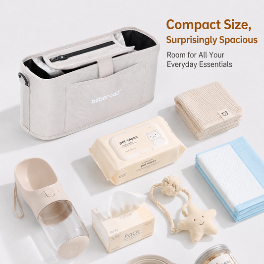 Compact pet stroller organiser bag with large storage capacity