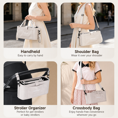 Pet stroller organiser bag carried by hand, shoulder or crossbody