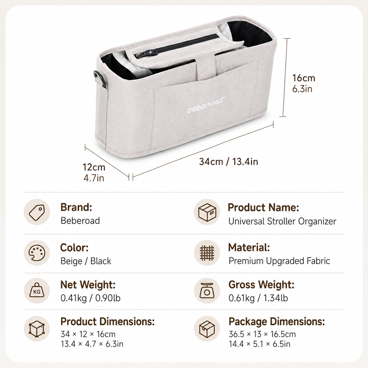 Beberoad pet stroller organiser bag dimensions and material specifications