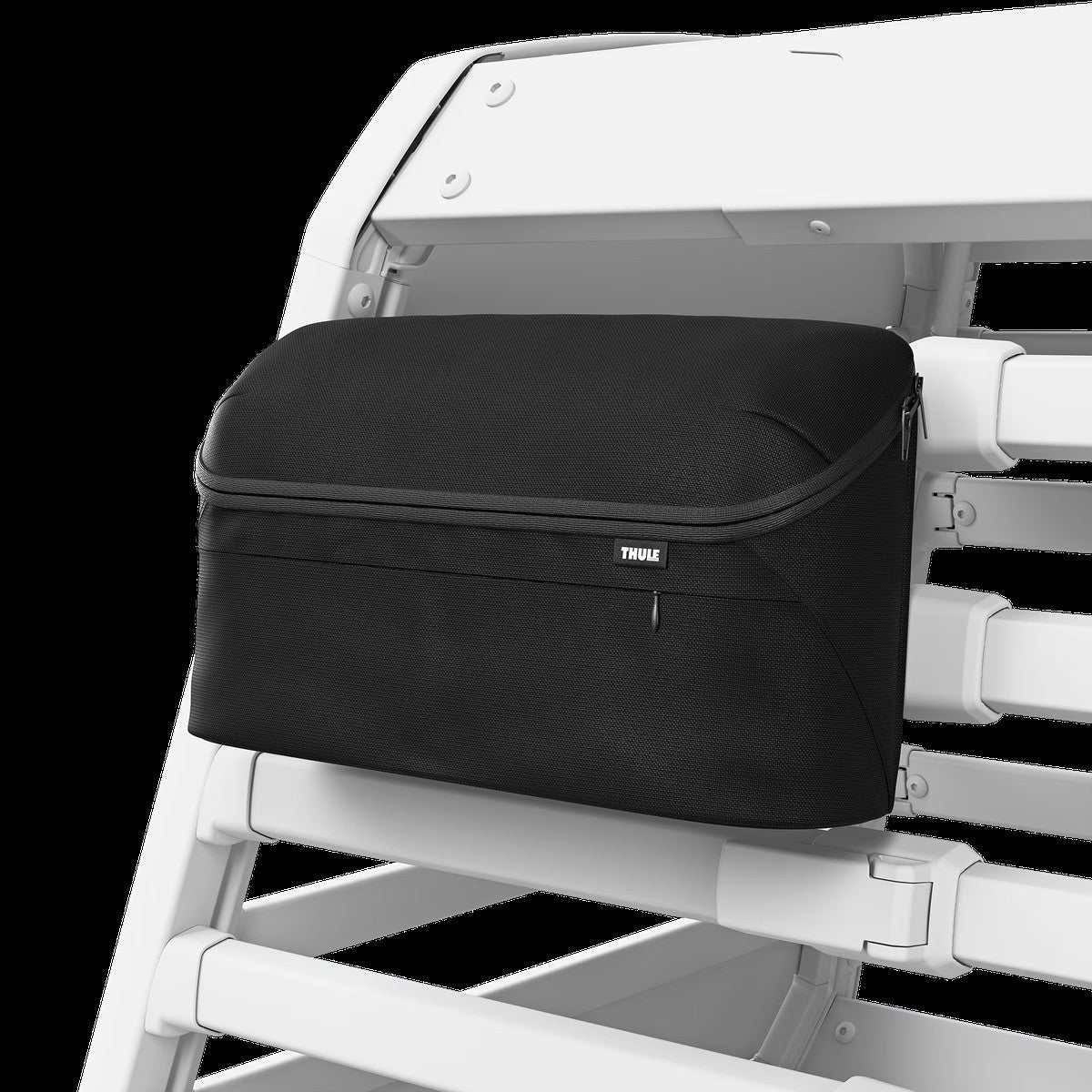 Thule Allax dog crate with attached black Thule Dog Crate Storage Bag organizer