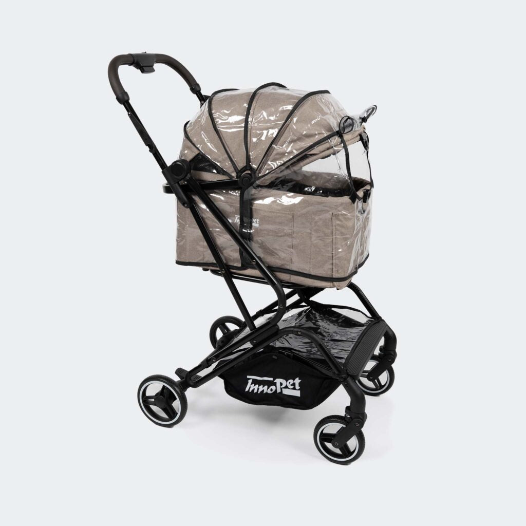 Transparent Innopet Rain Cover for Nomad pet stroller with dual cabin and basket protection
