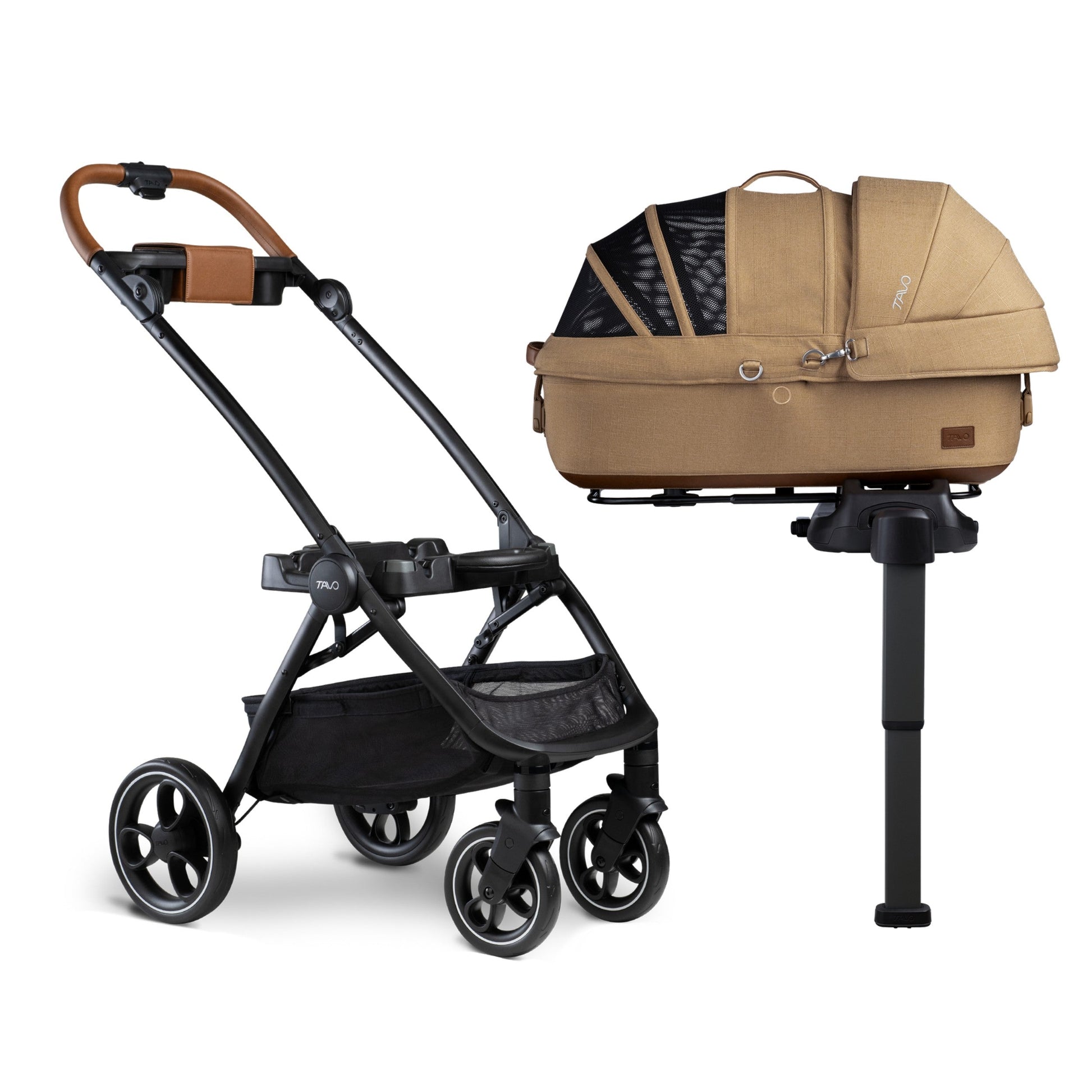 Maeve pet car seat clipped onto Roscoe stroller frame with True lock ISOFIX vehicle base beside it outdoors