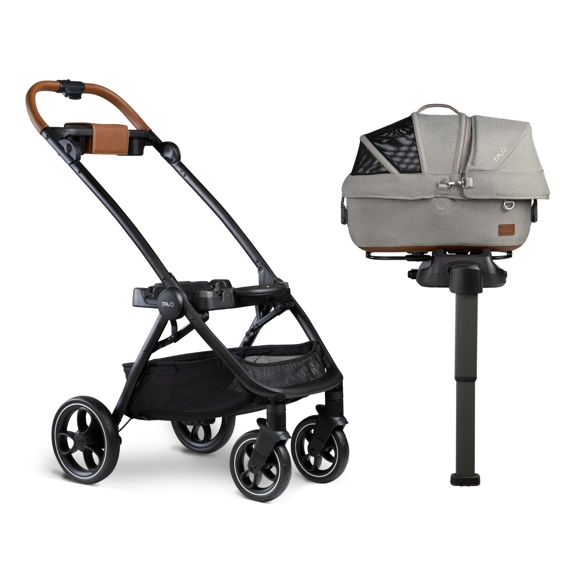 Maeve pet car seat clipped into True lock ISOFIX base on Roscoe stroller frame outdoors with vehicle base beside