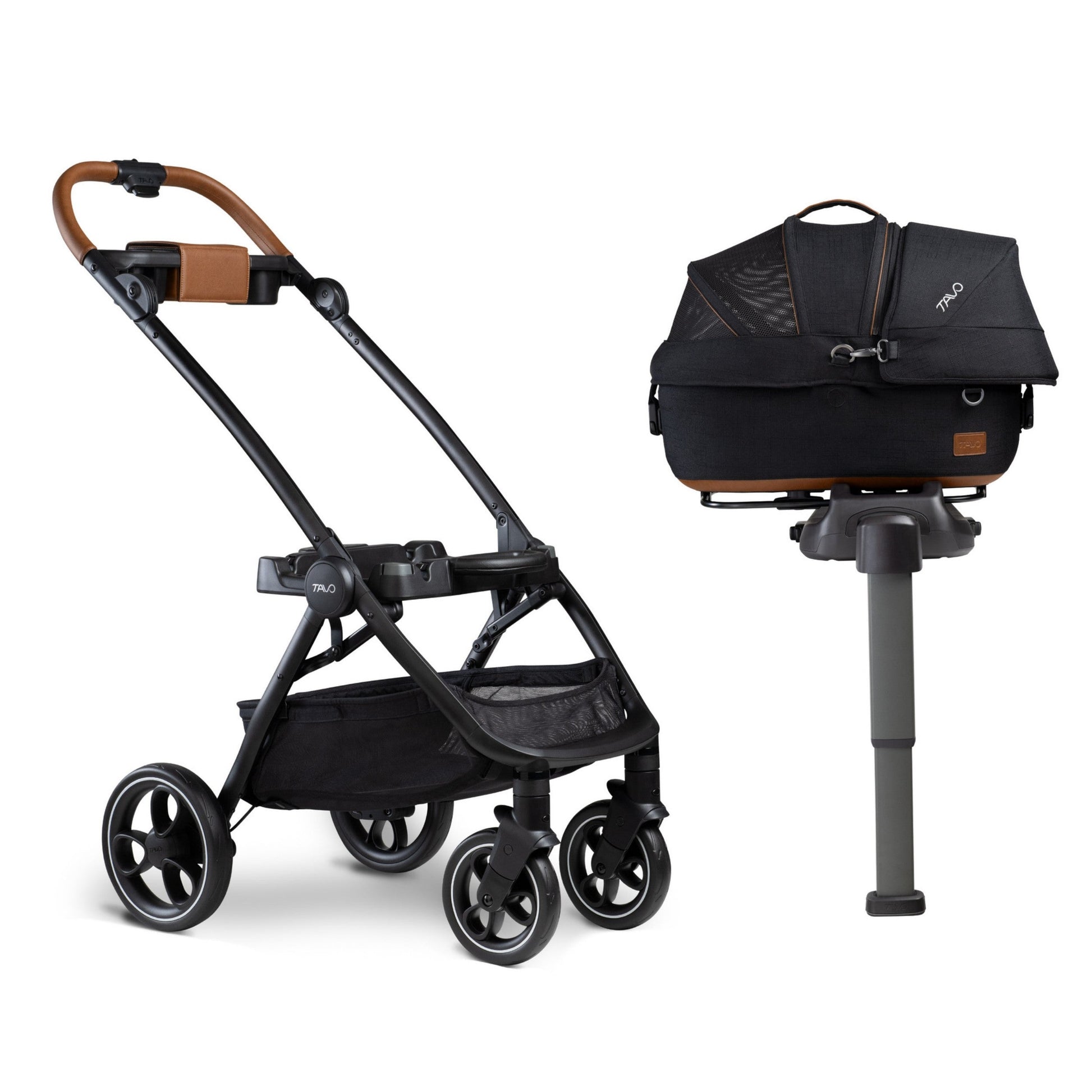 Maeve pet car seat clipped into Roscoe stroller frame with True lock ISOFIX vehicle base outdoors