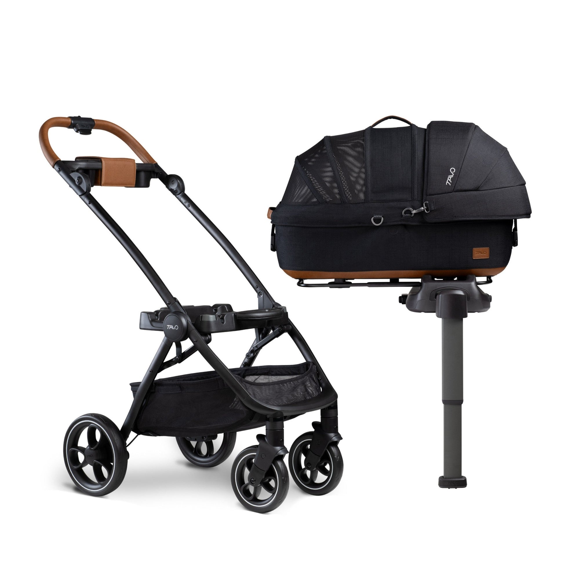 Maeve pet car seat clipped onto Roscoe stroller frame with vehicle base alongside for safe pet travel system