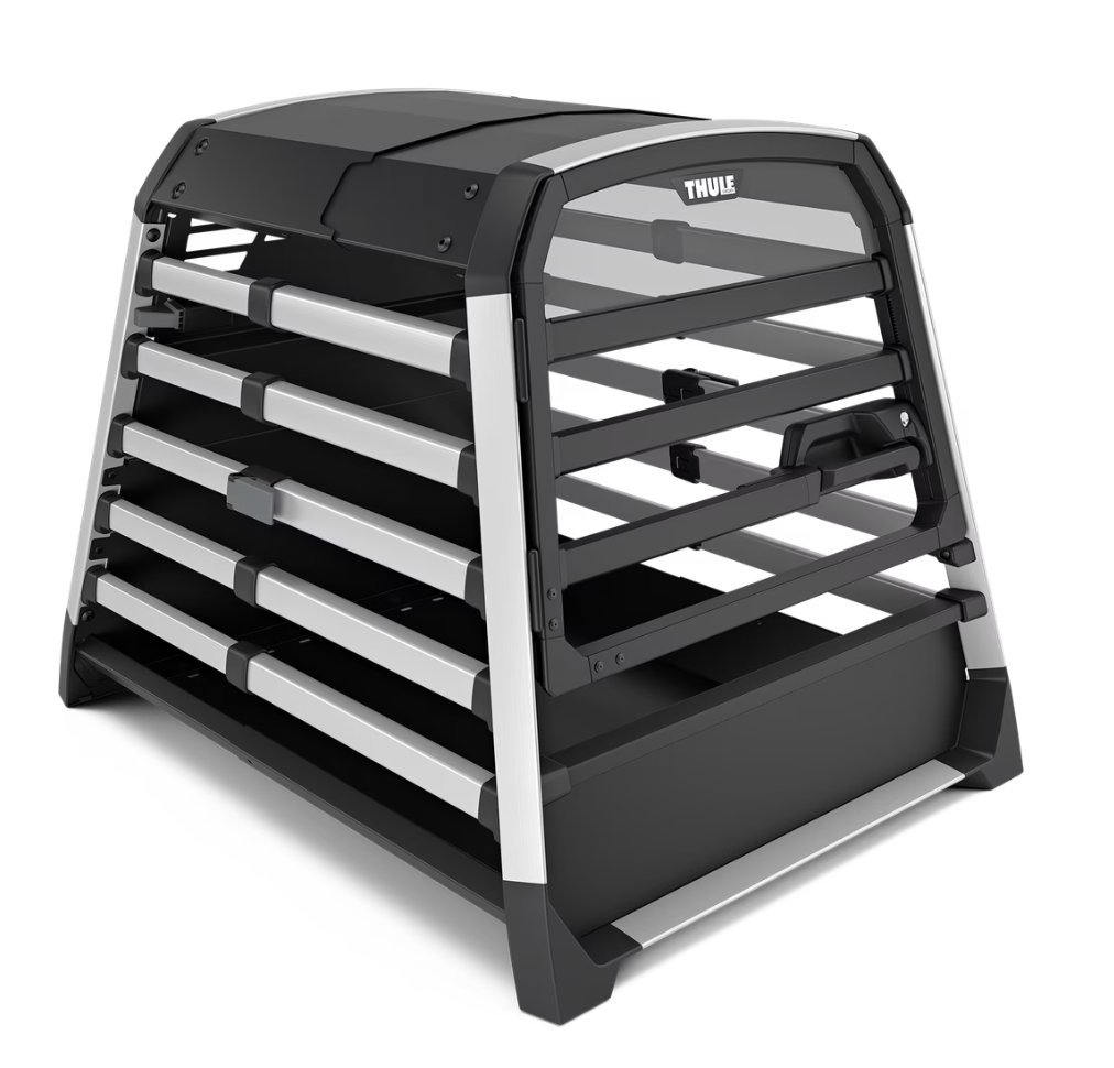 Thule Allax black crash-tested dog car crate secured in vehicle boot with adjustable depth and gas-dampened door