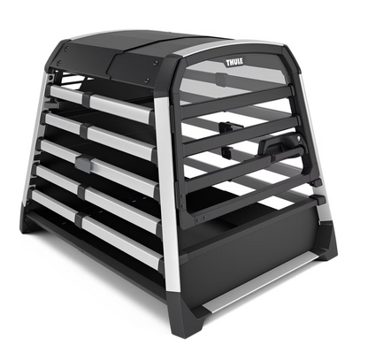 Thule Allax black crash-tested dog car crate secured in vehicle boot with adjustable depth and gas-dampened door