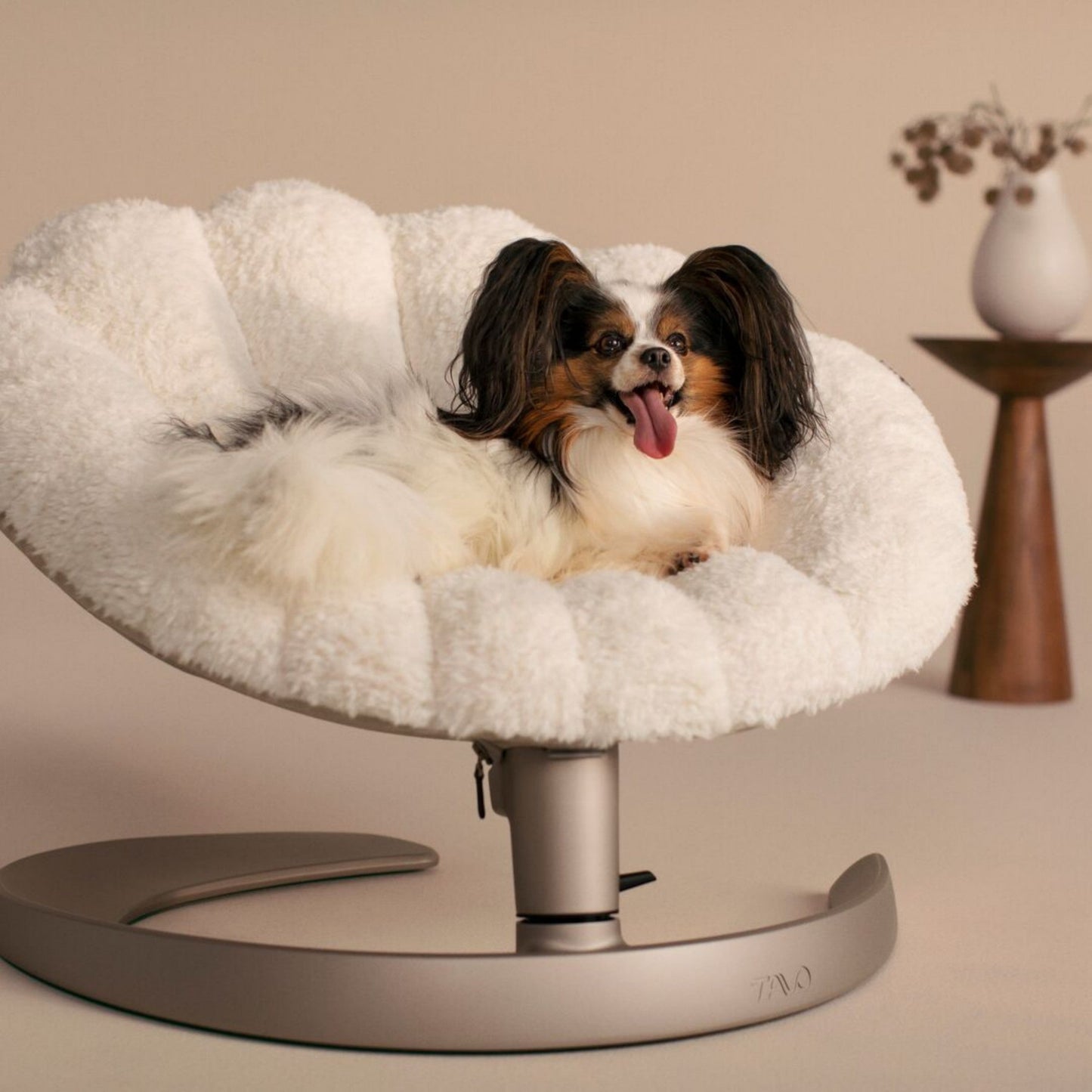 Large dog relaxing in fully reclined latte Tavo Shell Pet Bed with aluminium frame and plush fleece cover