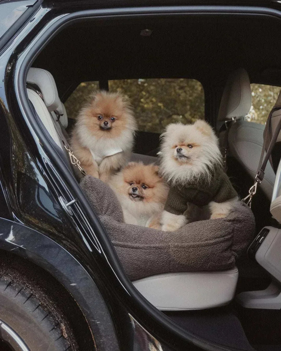Chocolate XL cosy dog car seat with ultra-soft vegan sherpa fabric and built-in D-rings for up to three dogs, full-width back seat coverage