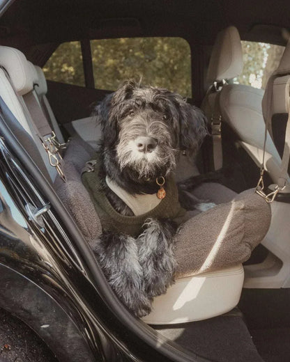 Chocolate By Teddy XL cosy dog car seat with ultra-soft vegan sherpa, fits up to three dogs, full-width back seat coverage and built-in D-rings