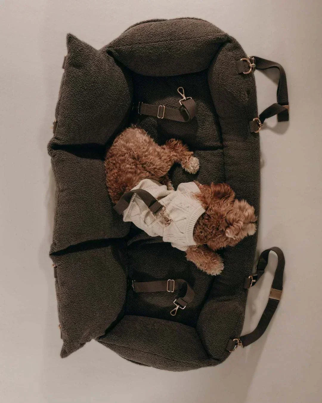 Chocolate XL cosy dog car seat with ultra-soft vegan sherpa fabric fitting up to three dogs on full-width car back seat