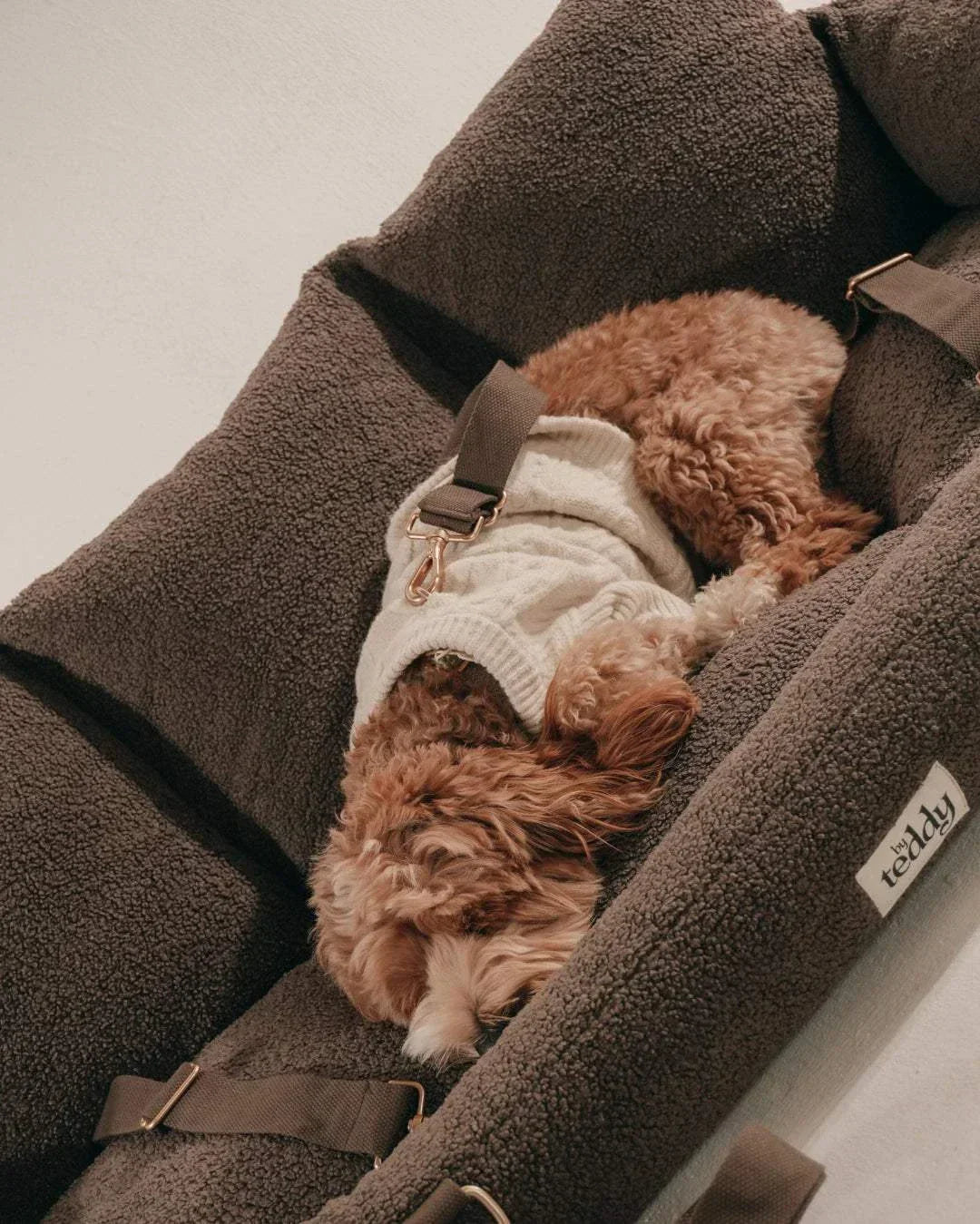 Chocolate By Teddy XL cosy dog car seat in ultra-soft vegan sherpa, fits up to three dogs, full-width car back seat coverage