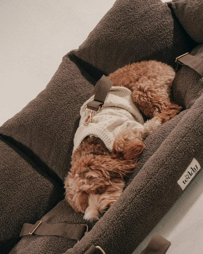 Chocolate By Teddy XL cosy dog car seat in ultra-soft vegan sherpa, fits up to three dogs, full-width car back seat coverage