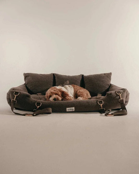By Teddy XL Cosy Dog Car Seat in chocolate vegan sherpa, full back seat coverage, fits up to 3 dogs with built-in D-rings and bolstered sides for comfort