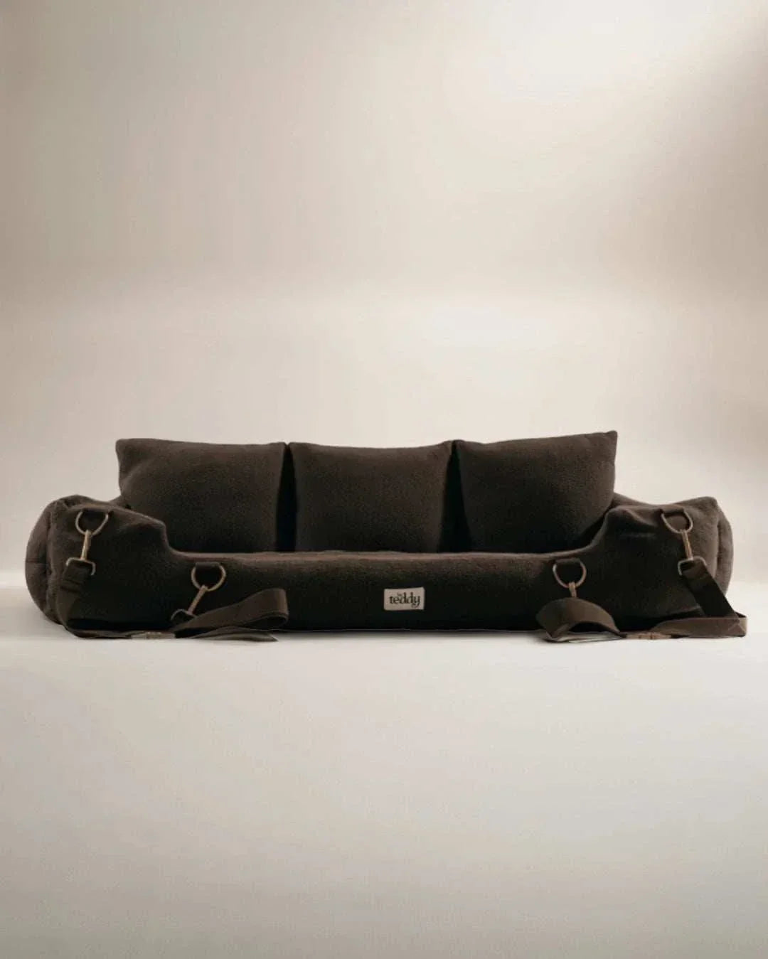Chocolate XL cosy dog car seat with ultra-soft vegan sherpa fabric, fits up to three dogs, full-width back seat coverage