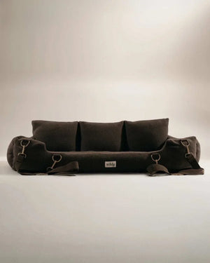 Chocolate XL cosy dog car seat with ultra-soft vegan sherpa fabric, fits up to three dogs, full-width back seat coverage