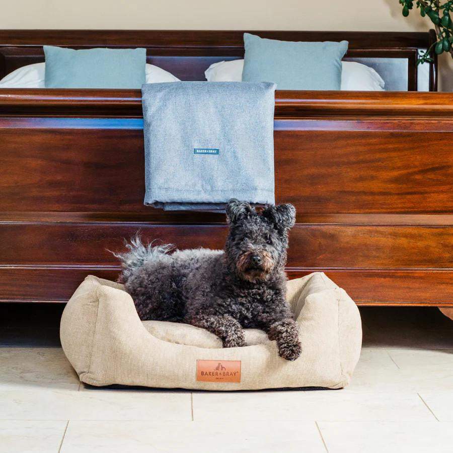 Orthopaedic dog bed with recycled memory foam and removable washable cover in navy blue by Baker & Bray
