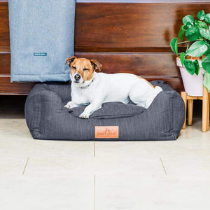 Luxury Baker & Bray orthopaedic dog bed with recycled memory foam and non-toxic fabric in navy blue, designed by vets
