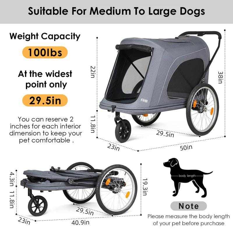 Beberoad R8 dog stroller for large dogs and multiple pets in black and grey with foldable design and bike trailer attachment