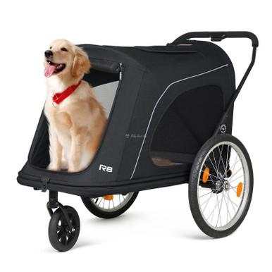 Beberoad R8 dog stroller for large dogs up to 45kg in black and grey with one-hand folding, ventilated cabin, and bike trailer attachment