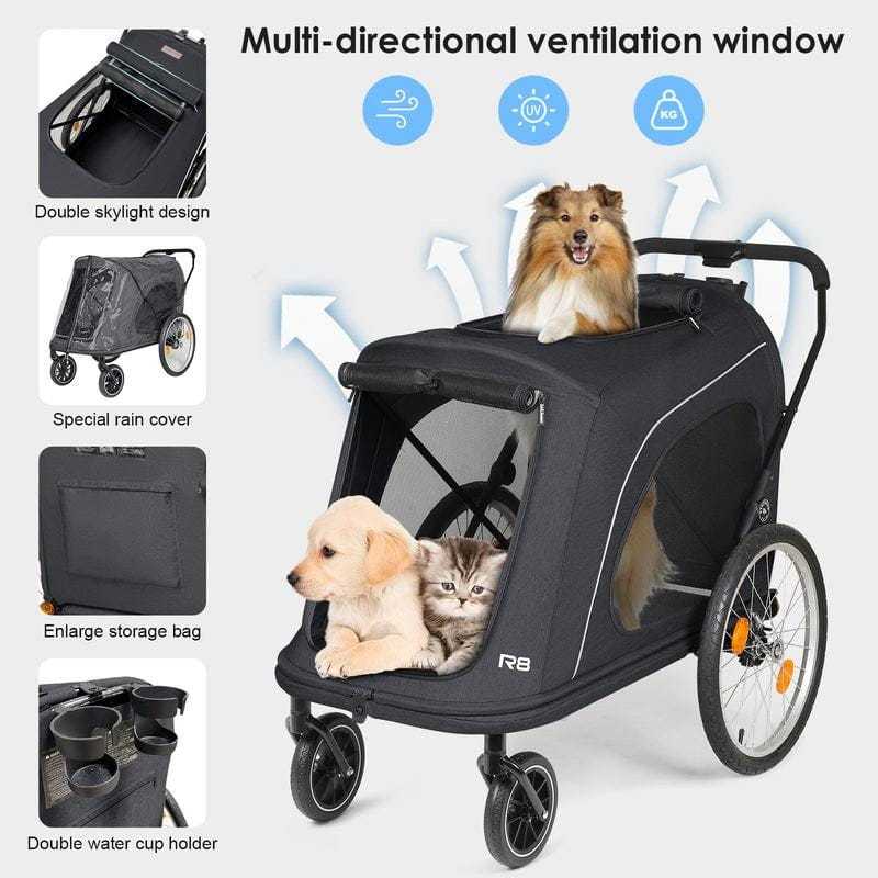Beberoad R8 PRO 4-Wheeler foldable dog stroller and bike trailer for large dogs up to 45kg in black and grey colors