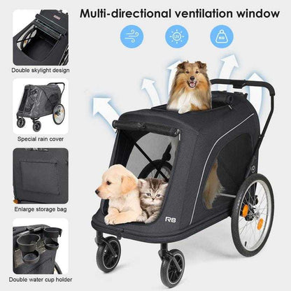 Beberoad R8 PRO 4-Wheeler foldable dog stroller and bike trailer for large dogs up to 45kg in black and grey colors