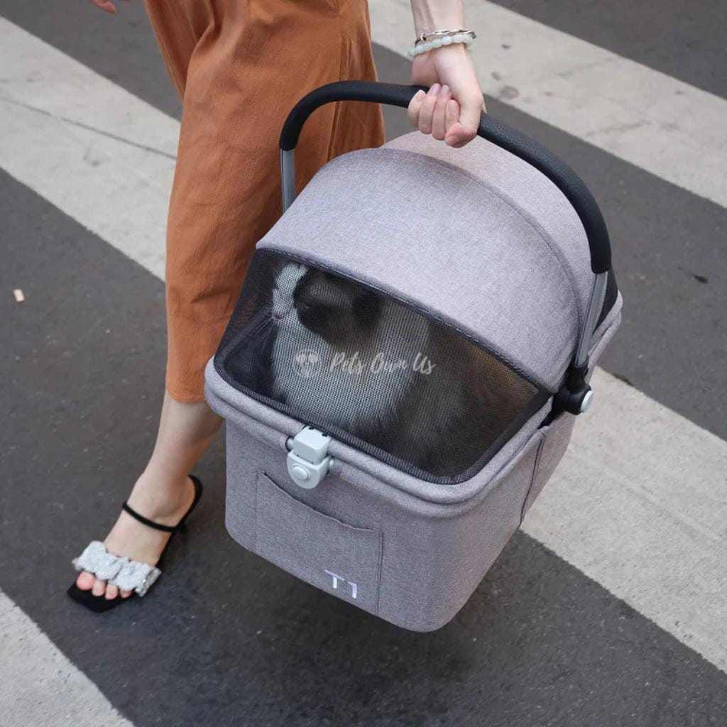 Beberoad T1 double pet stroller in grey for dogs and cats up to 25kg with dual compartments and swivel wheels