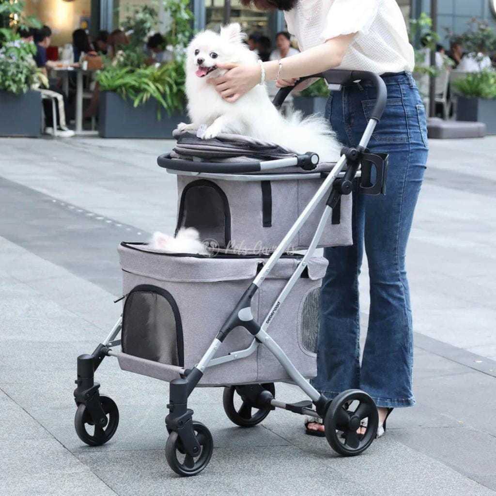 Beberoad T1 Double Pet Stroller in grey for dogs and cats up to 25kg with dual compartments and 360° swiveling front wheel