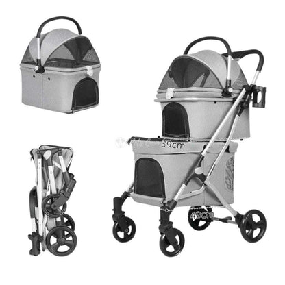 Beberoad T1 Double Decker Pet Stroller in grey for dogs and cats up to 25kg with dual compartments and 360° front wheel