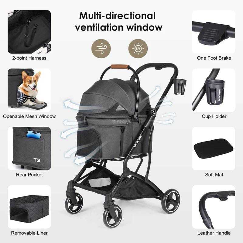 Beberoad T3 3-in-1 pet stroller for small dogs and cats up to 20kg with detachable carrier, car seat, and stroller functions.