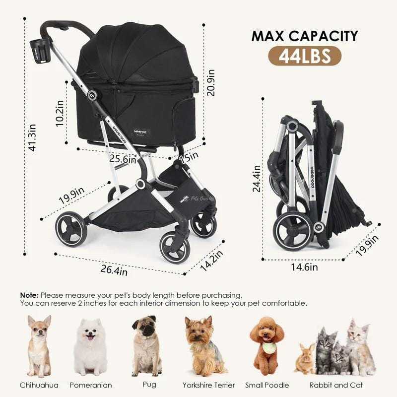 Beberoad T4 Pet Stroller for small to medium dogs and cats up to 20kg with adjustable canopy and lightweight design
