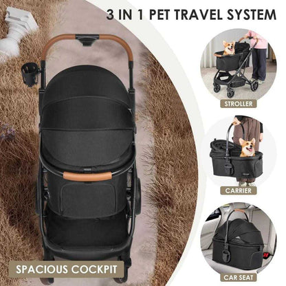 Beberoad T6 3-in-1 pet stroller for medium dogs up to 30kg with durable wheels and reclining canopy